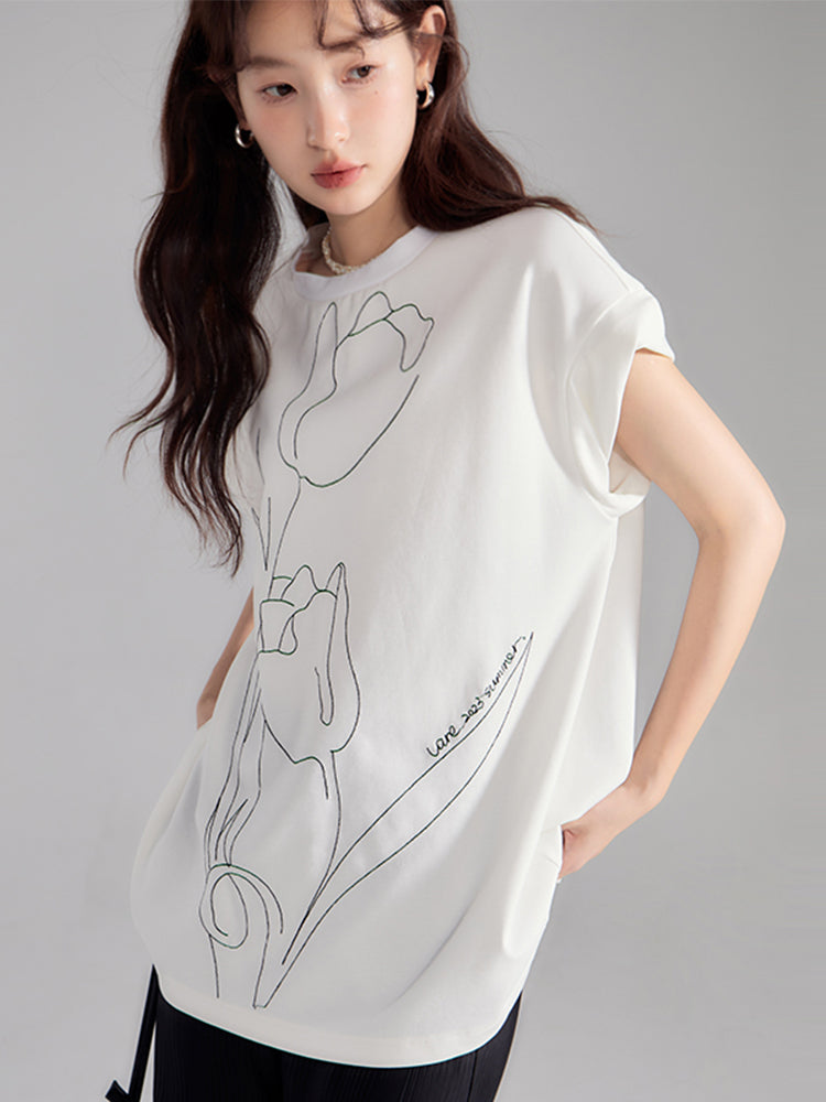 Oversize Embroidery Tulip Retro T-Shirt