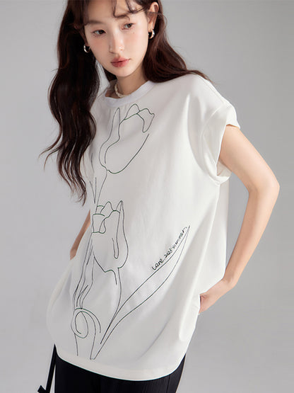 Oversize Embroidery Tulip Retro T-Shirt