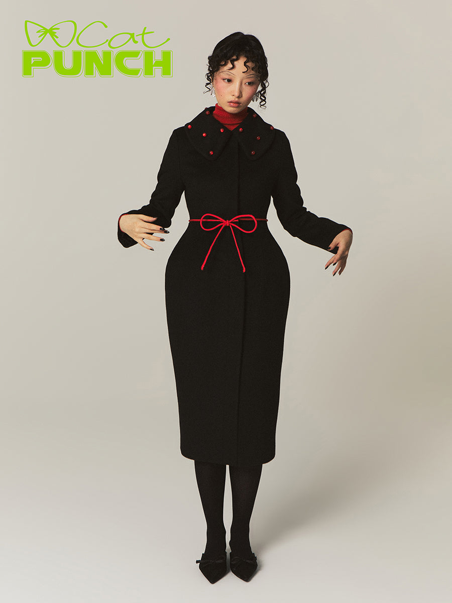 Beads Nichi Curve Ribbon Bi-Color Wool Long-Coat