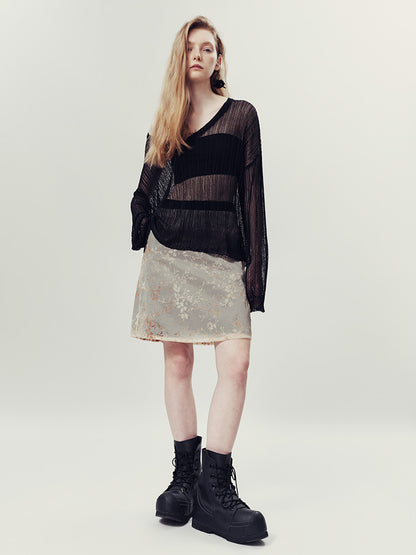 Sheer Oversize V-Neck Loose Long-Sleeve Summer-Knit