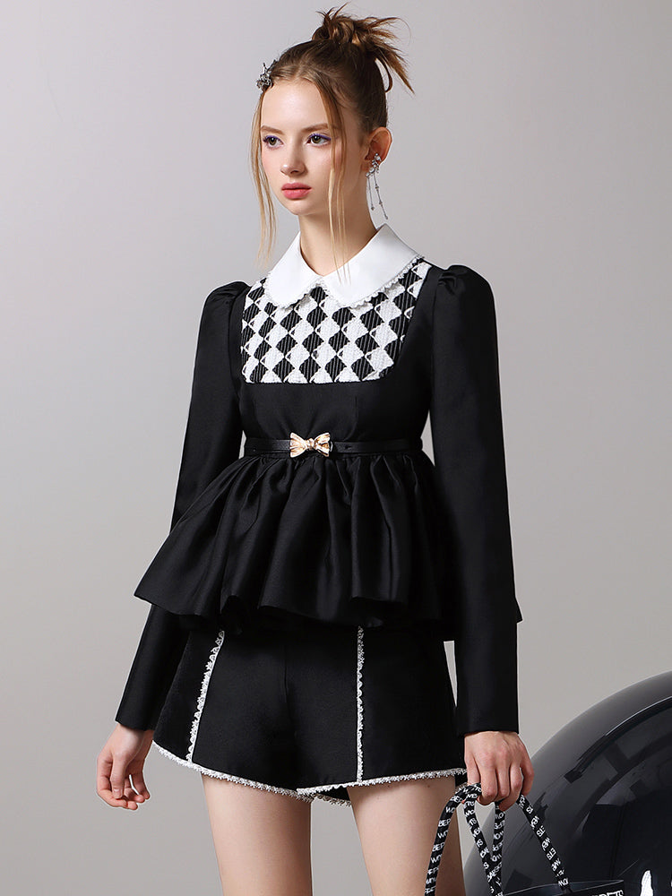 Checked Lace Peplum Classy Tops＆Short-Pants