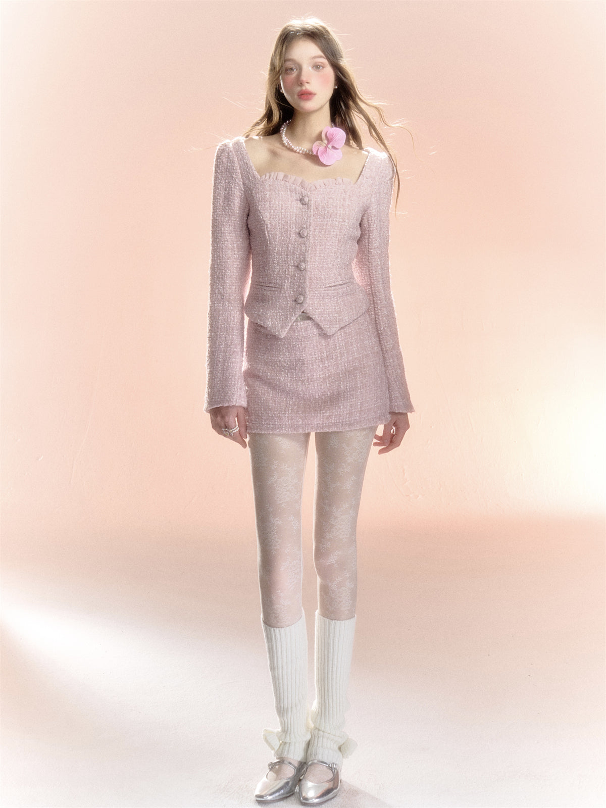 Tweed Feminin Set-up Costume Slim Jacket &amp; Mini-Skirt