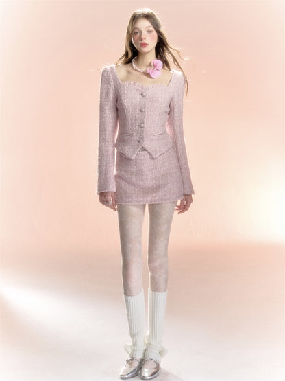 Tweed Feminine Set-Up Suit Slim Jacket&amp;Mini-Skirt