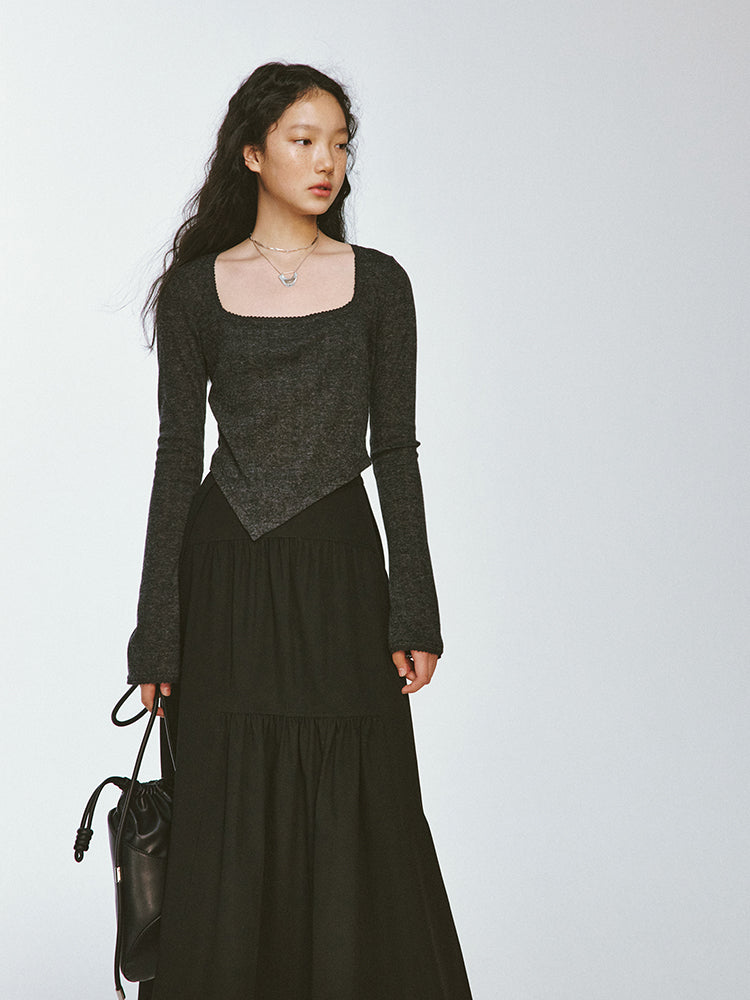 Tiered Asymmetry Plain Flare Simple Long-Skirt