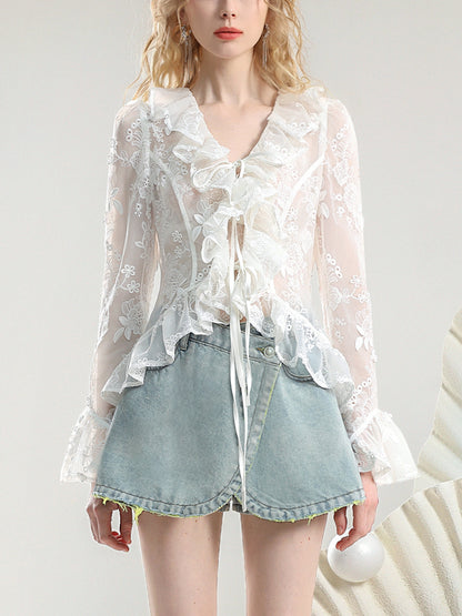 Sheer Flower Embroidery Frill Flare-Sleeve Blouse