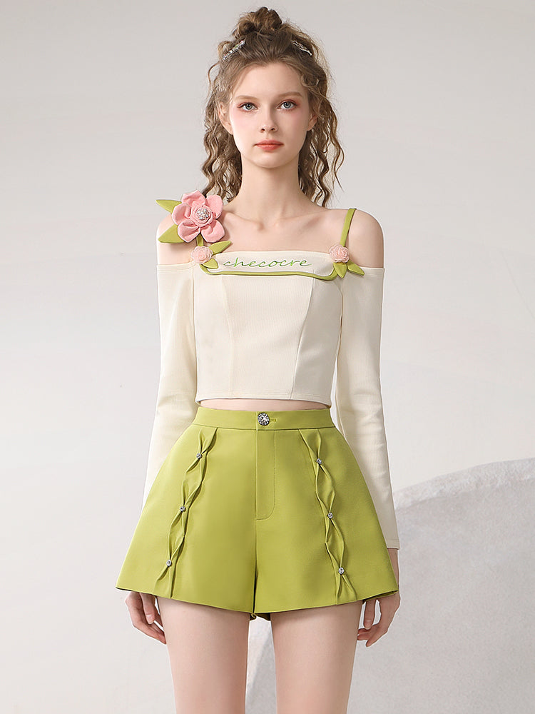 Set-Up Flower 3D Open-Shoulder Cute Casual Fruit Tops＆Short-Pants