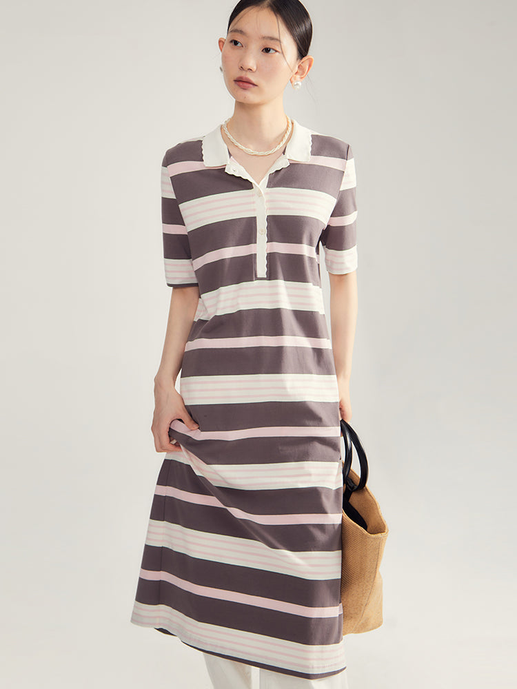 2 Type Border Long Casual I-Line Polo-one-Piece