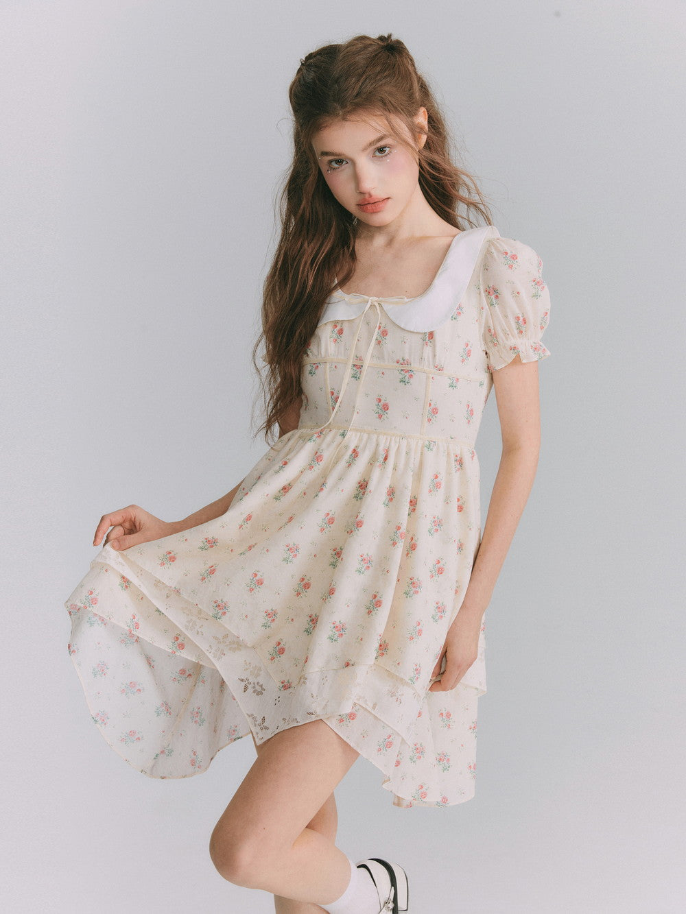 Flower Puff-Sleeve asymemtry Retro One-Piece