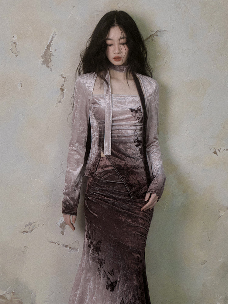 Set-Up Gradation Butterfly Velvet Blouse＆Mermaid-Skirt