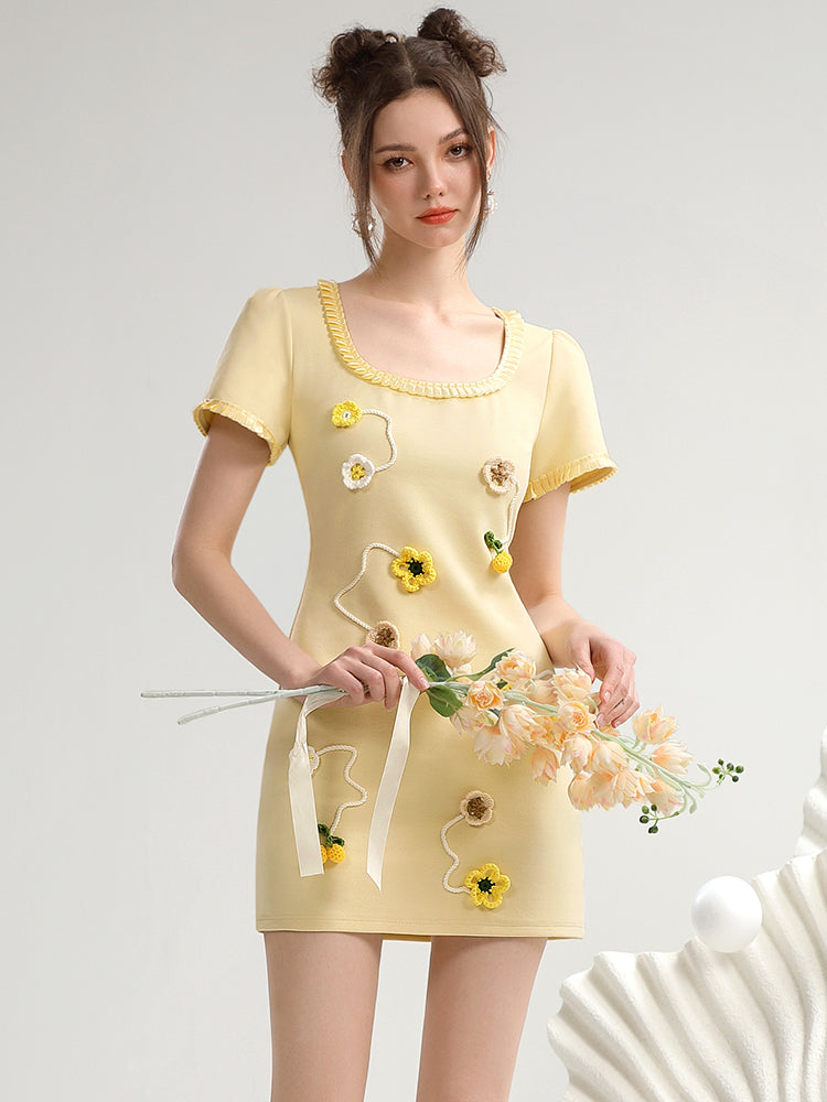 Flower-Motif U-Neck Retro Nichi Short One-Piece