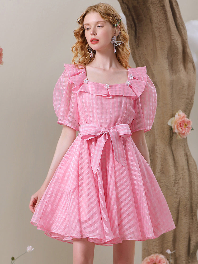 Ribbon Stripe Cute Puff-Sleeve Frill-Collar One-Piece – ARCANA ARCHIVE