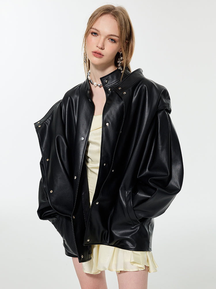 Smooth Middle Cool Simple Oversize Letaher-Jacket