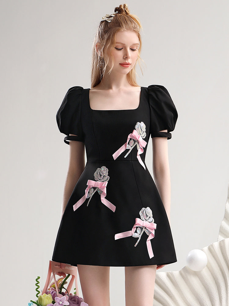 Ribbon Flower Puff-Sleeve Short Flare Dress