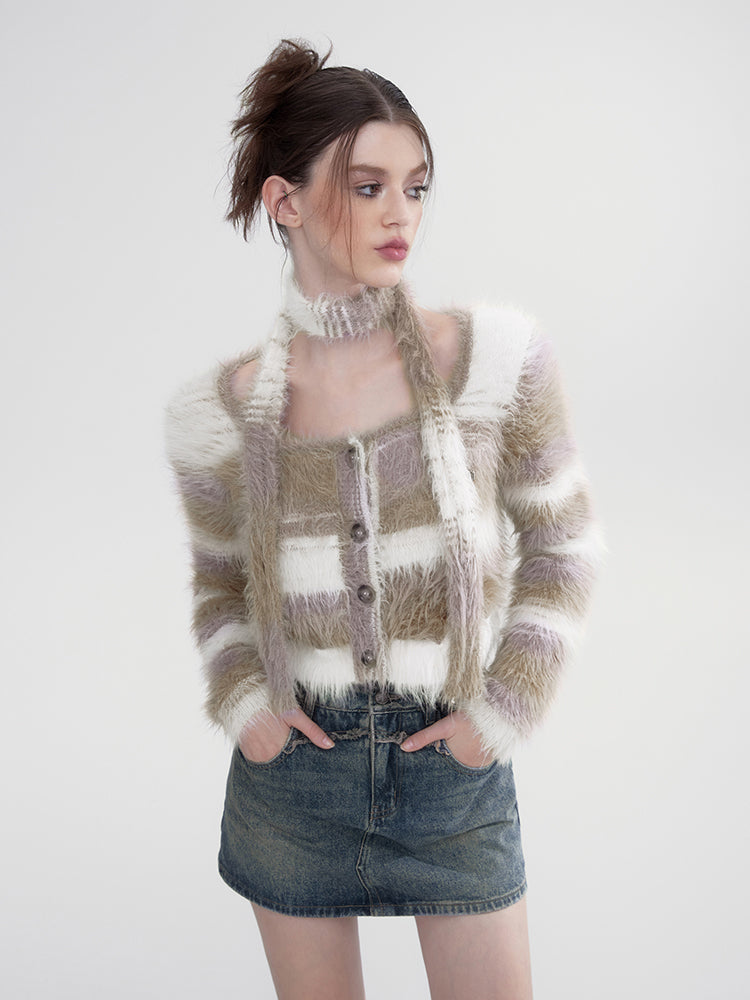 Border Retro Fluffily Slim-Tie Mohair-Knit