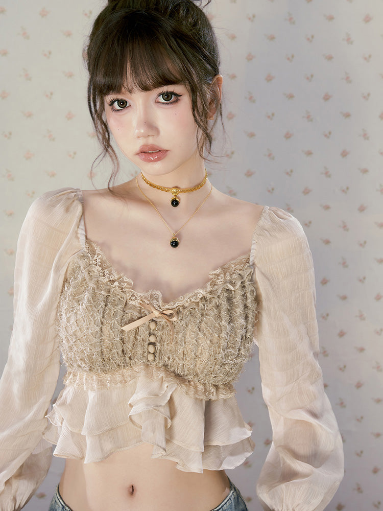 Sheer Cropped Frill Lace Blouse