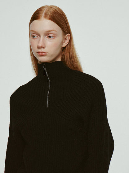 High-Neck Simple Plain Half-Zip Rib-Knit