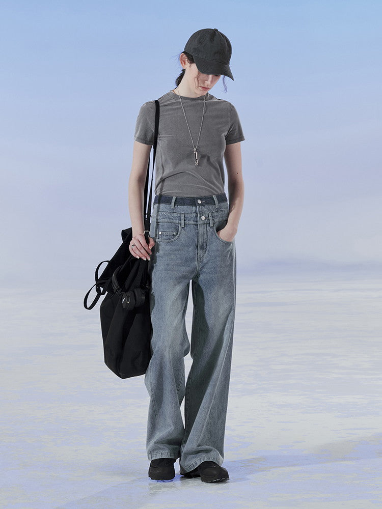 Denim Straight Washed Loose Casual Plain Pants