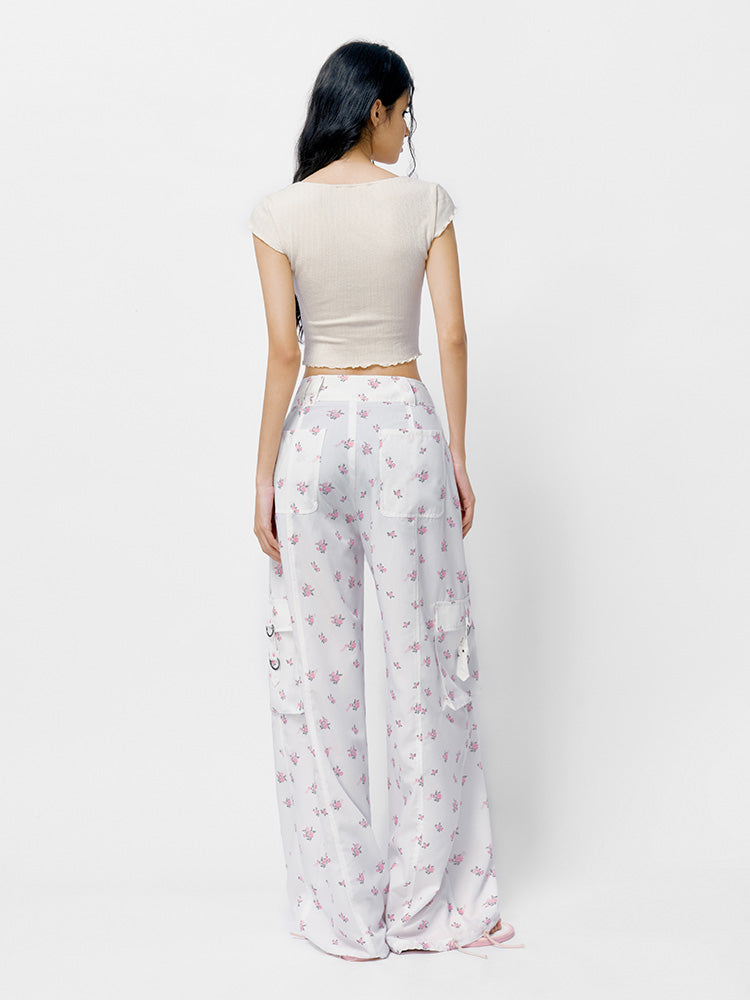 Retro Flower Drawstring Side-Pocket Casual Pants