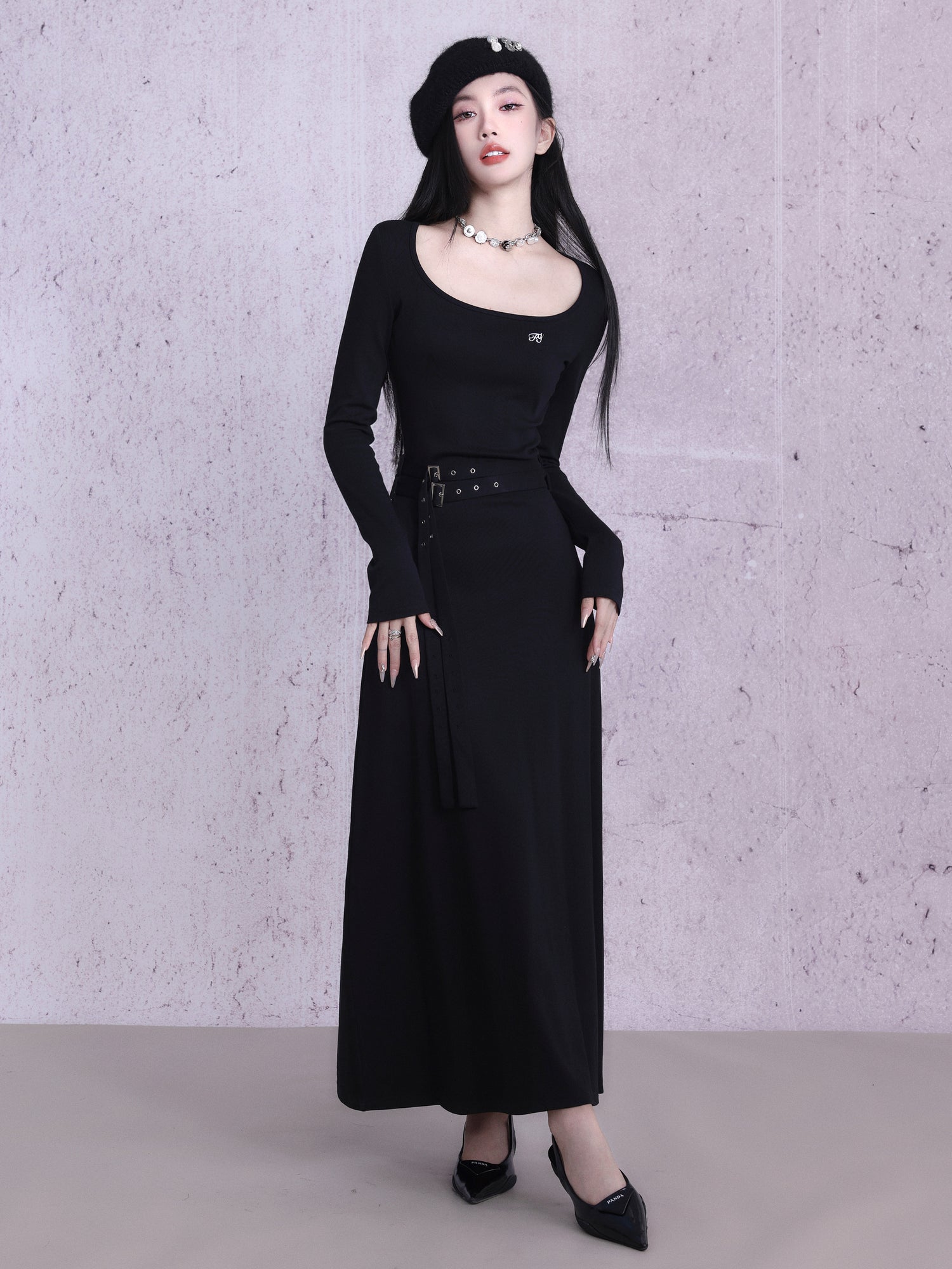 Long Belt Stretch Knit One-Piece