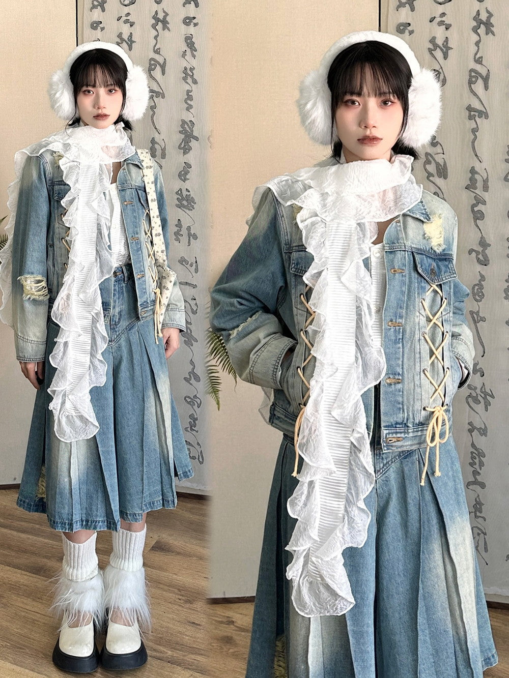 Washed Lace-Up Nichi Vintage Casual Denim-Jacket