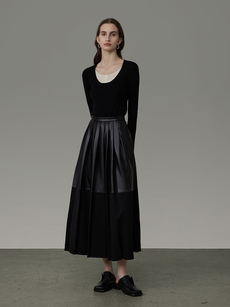 Leather Mix Long Tiered Flare-Skirt