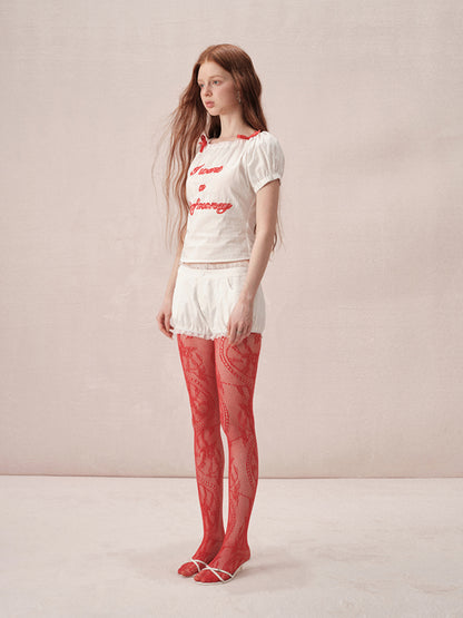 Casual Puff-Sleeve Lace Ribbon Casual T-Shirt＆Short-Pants