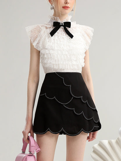 Set-Up Chic Scallop Tiered Feminine Lace-Blosue&amp;Mini-Skirt