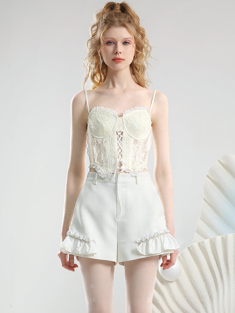 Set-Up Frill Nichi Lace Embroidery Vest＆Short-Pants