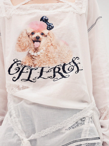 Sheer Dog Picture Lace Fancy Long-T-Shirt