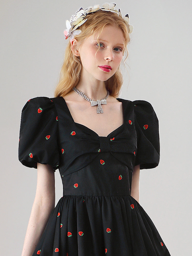 Strawberry Cute Fluffily Puff-Sleeve Retro One-Pieec