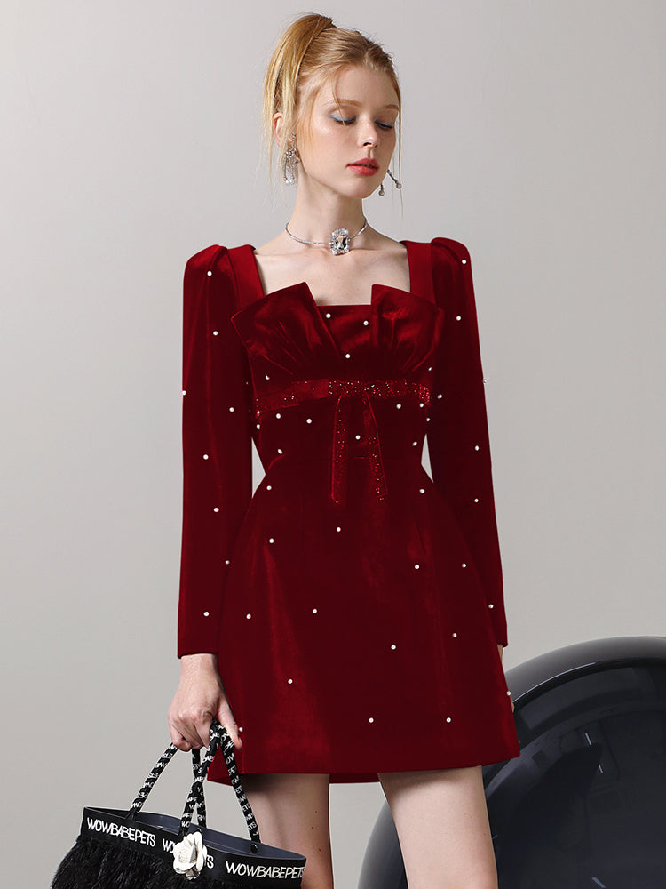 Party Velvet Pearl Flare Gorgeous Short Nichi One-Piece Dress