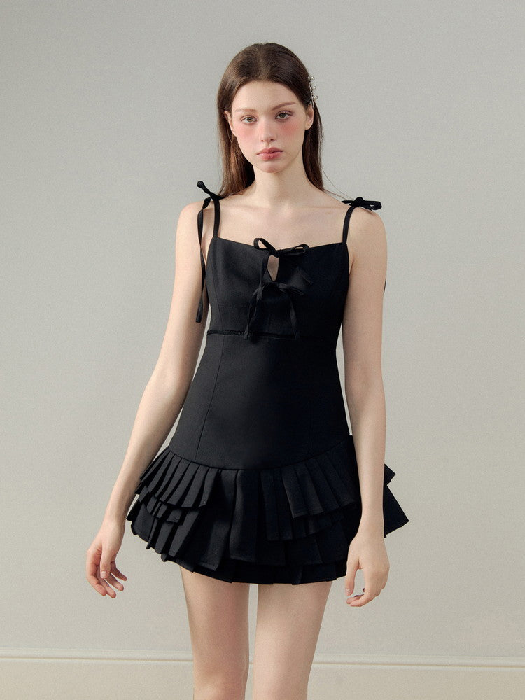 Tiered Pleats Frill Camisole Shoulder-Ribbon Plain Short Dress