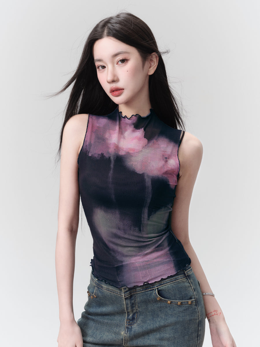 Tie-Dye Mellowno-Sleeve Marble Ciffon Tops