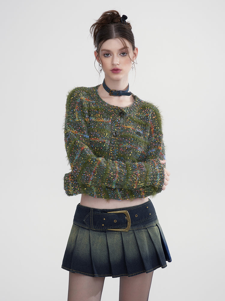 Short Knit Multi-Color Crew-Neck Retro Nichi Cardigan