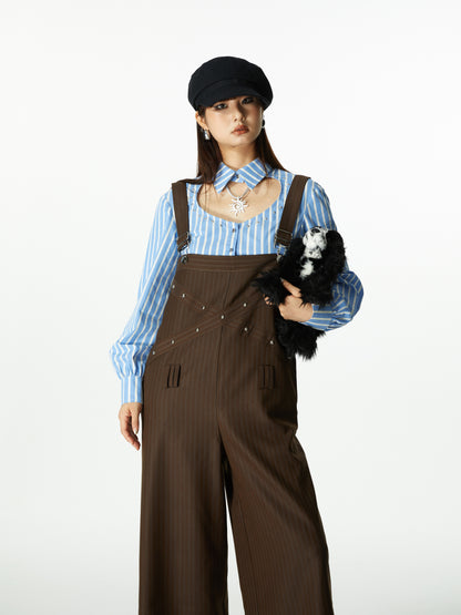 Wide-Pants Loose Casual Stripe Overall