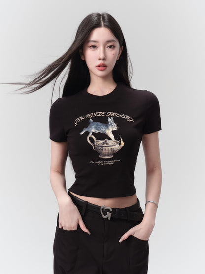 Rabbit Crew-Neck Letter Half-Sleeve0 Short T-Shirt