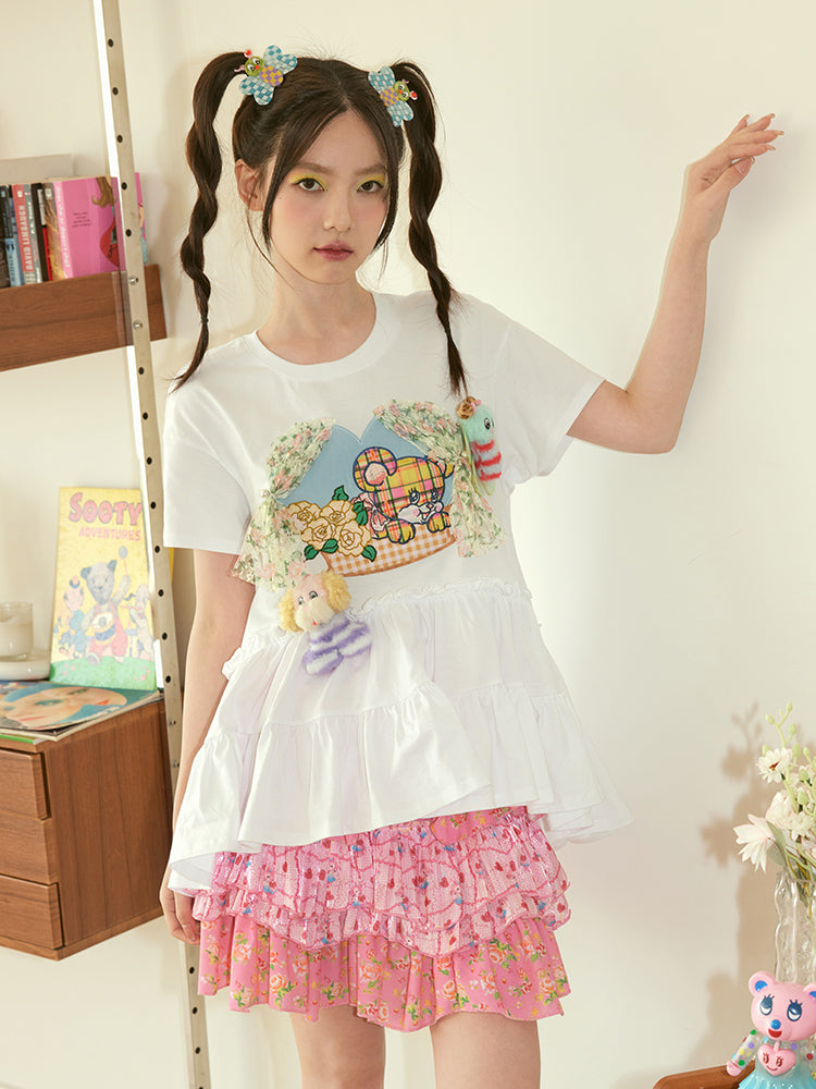 Tiered Frill Lace Window Bear Cute Fancy Flare-T-Shirt