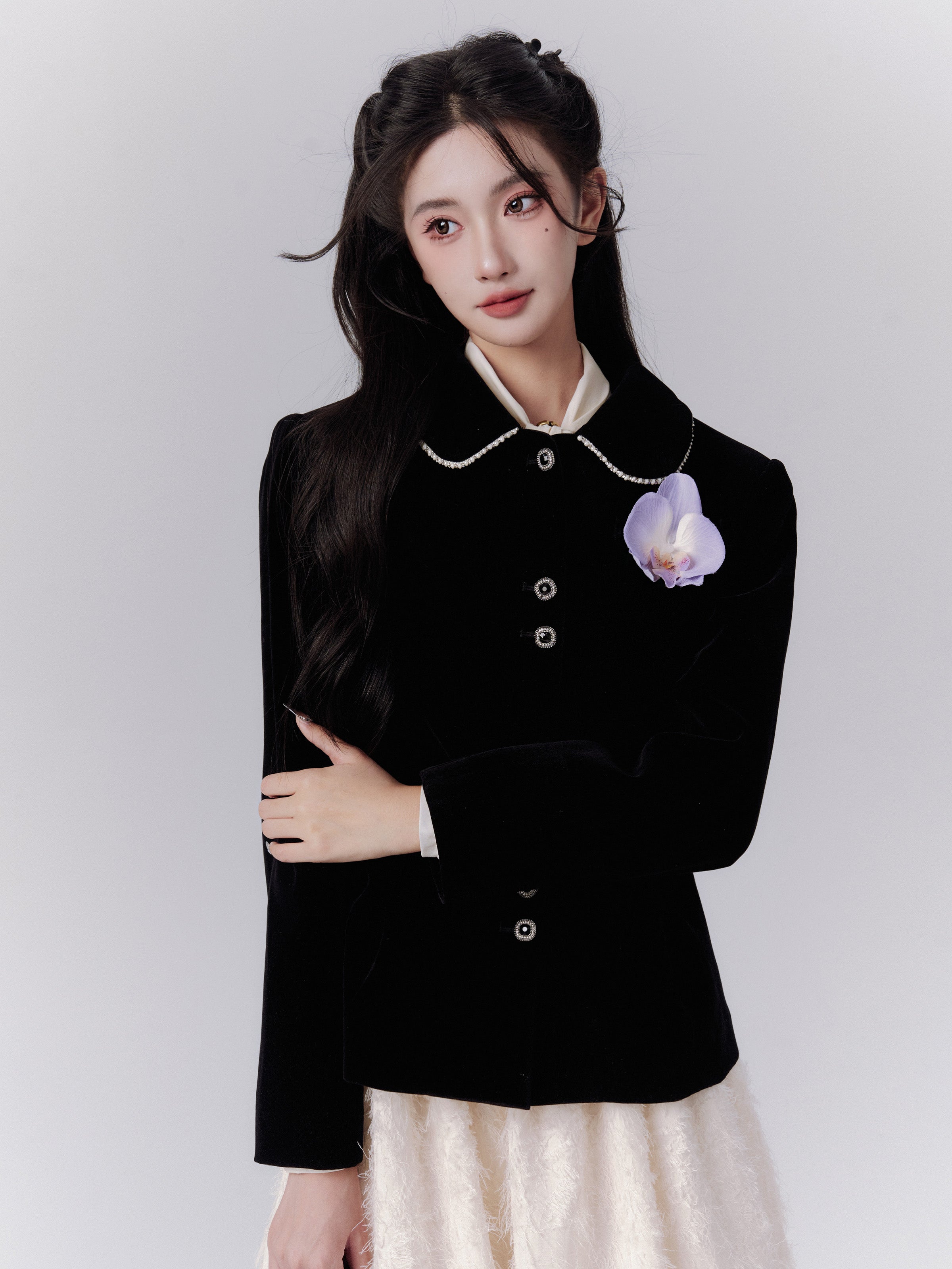 Velvet Formal Classy Flower-Broach Curve Jacket