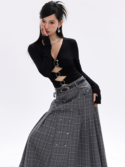 Checked Long Pleats Belt Flare-Skirt