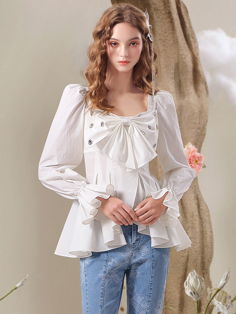 Big-Ribbon Cute Flare Candy-Sleeve Blouse