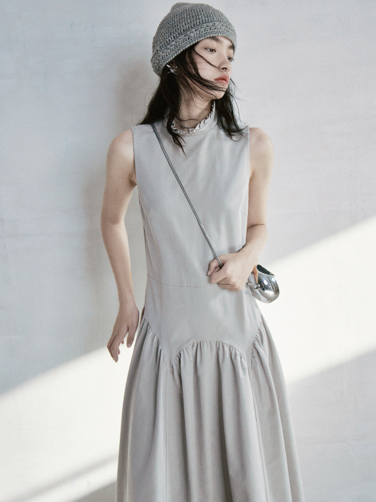 Stand-Collar Long Gather Sleeveless One-Piece