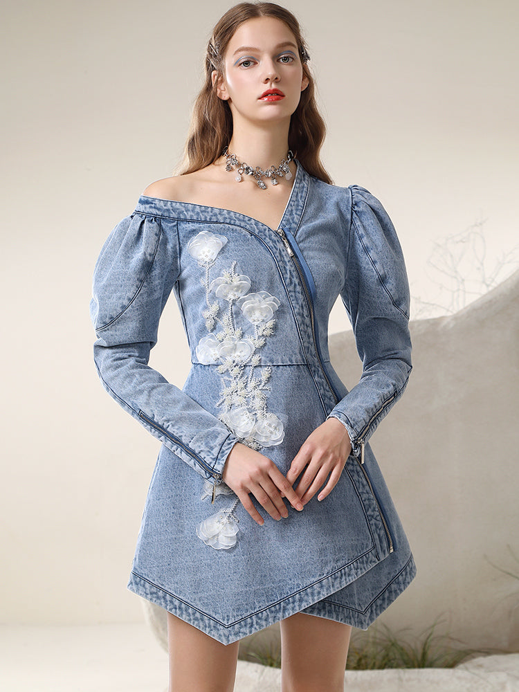 Asymmetry Wrap Zip Unique Denim Lace Ciffon Flower Flare One-Piece