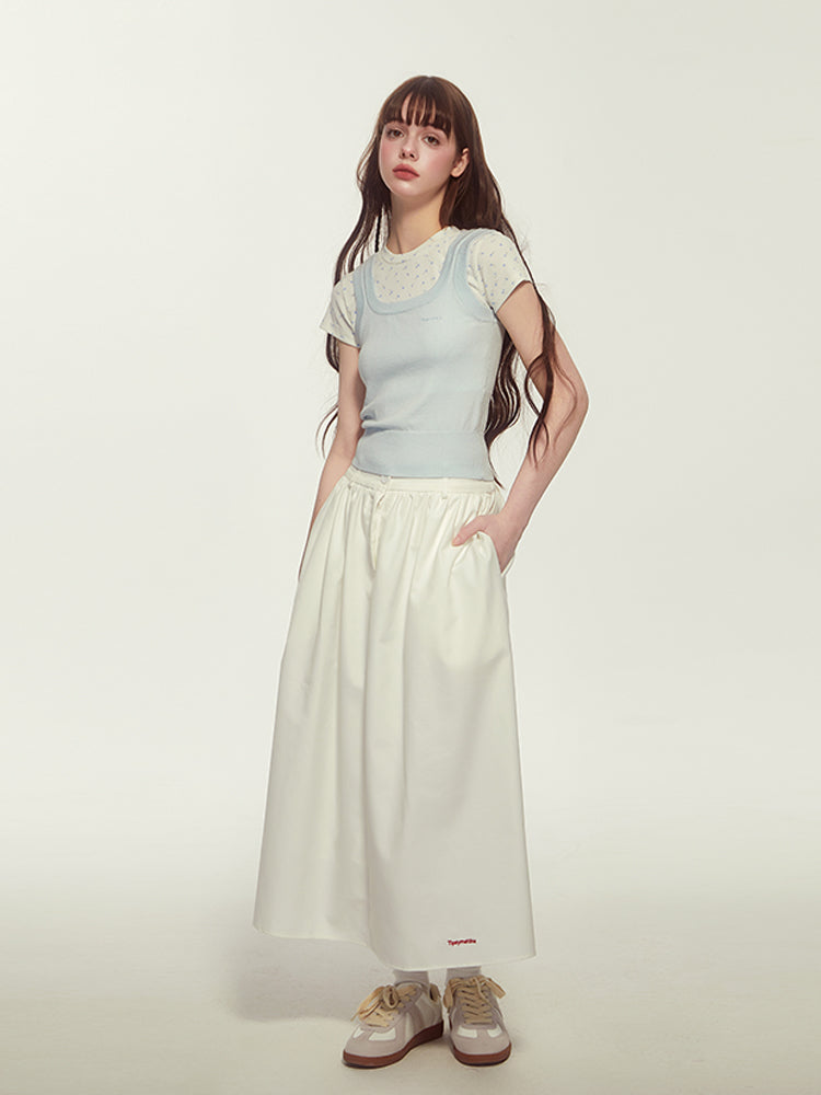 Embroidery Elastic-Waist Flare Simple Long-Skirt