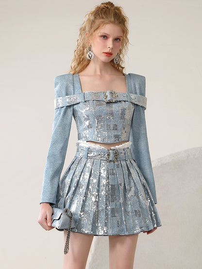 Set-Up Denim Metallic Nichi Sequin Tops＆Mini-Skirt