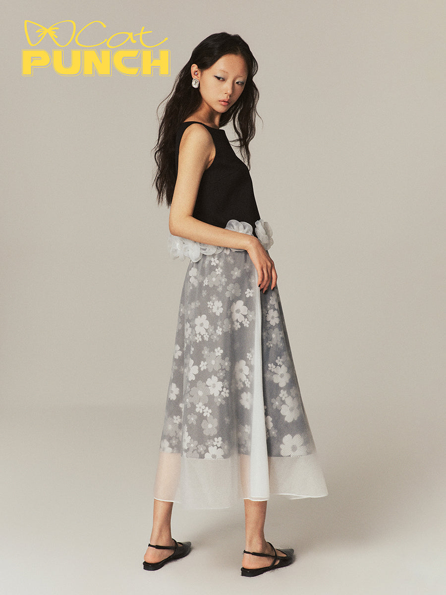 Layered See-Through Flower Ciffon Sheer Flare Chic Long-Skirt