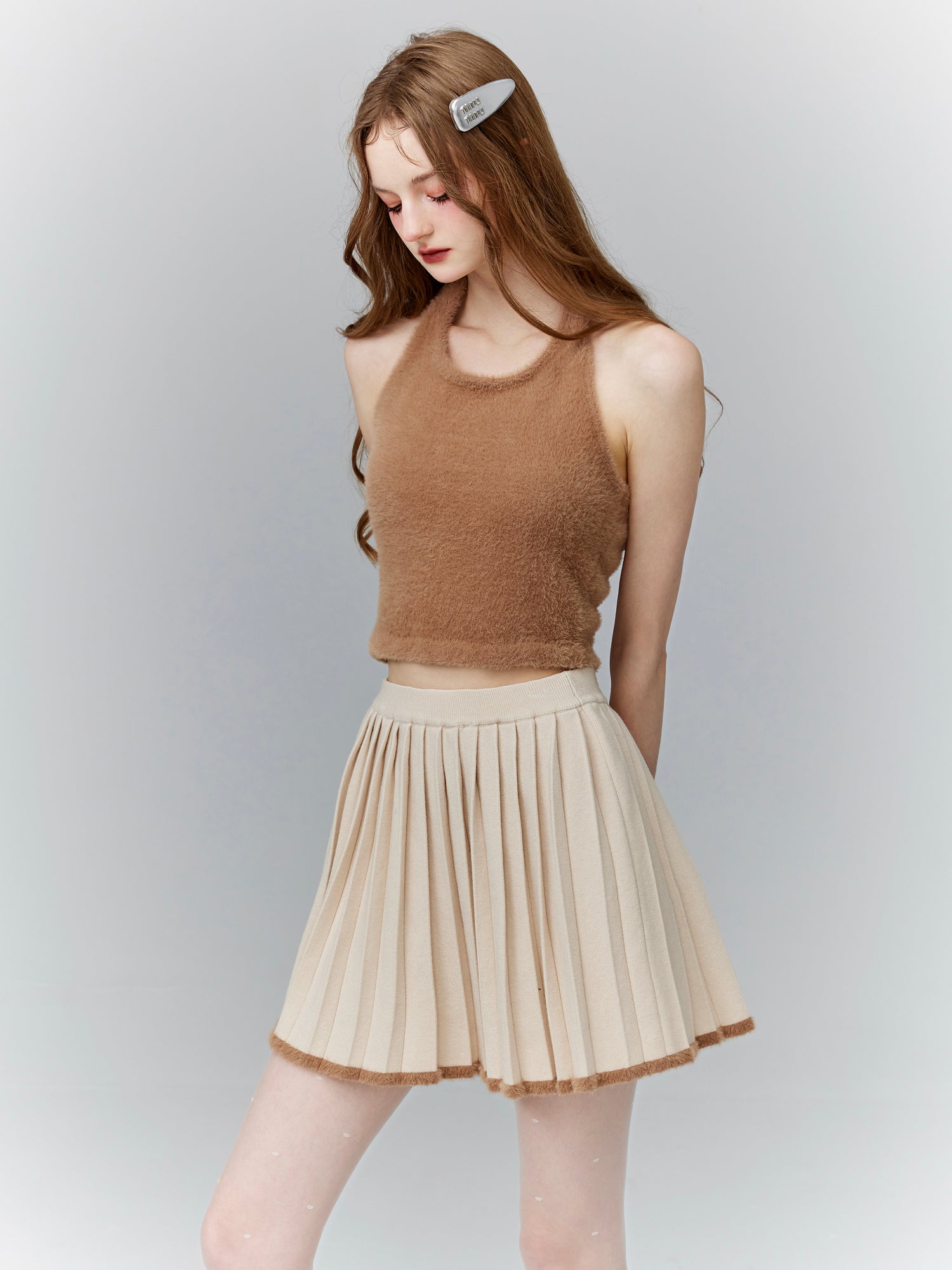 Rib-Knit Open-Shoulder Layered Cute Retro Tops＆Mini-Skirt＆Bag