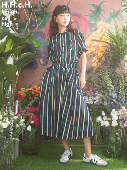 Stripe Casual Smmer Tulip Shirt&amp;Long-Skirt