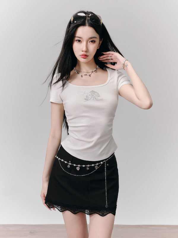 Square-Neck Casual Slim Rose Print T-Shirt