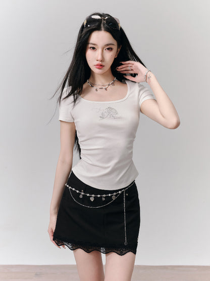 Square-Neck Casual Slim Rose Print T-Shirt