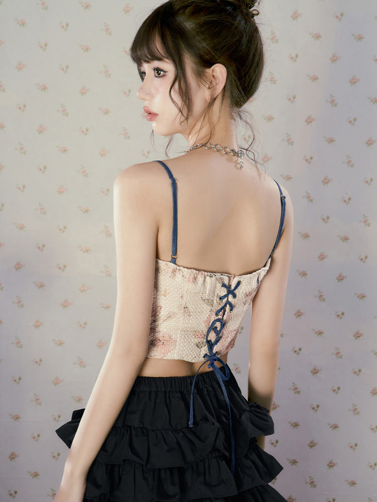 Lace-Up Flower Retro Cropped Sweet Camisole&amp;Wide-Pants